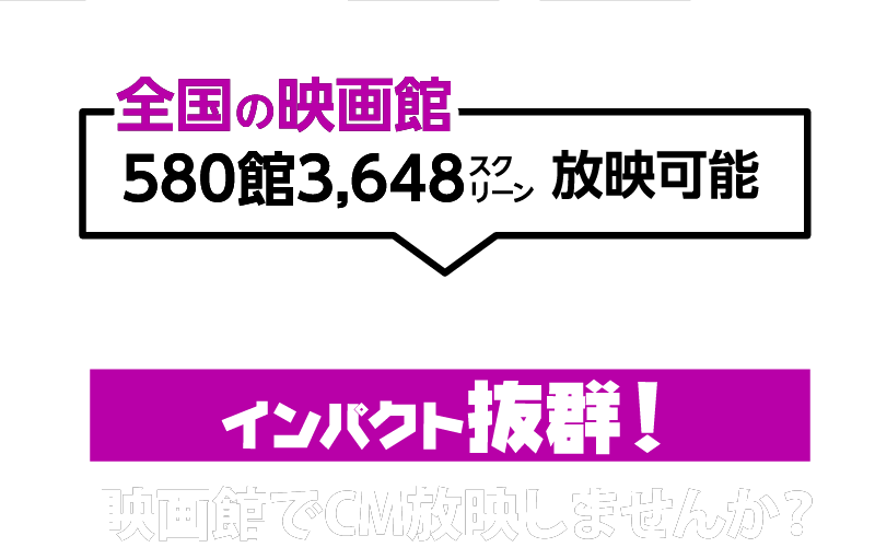 全国の映画館580館3648スクリーン放映可能！インパクト抜群！映画館でCM放映しませんか？